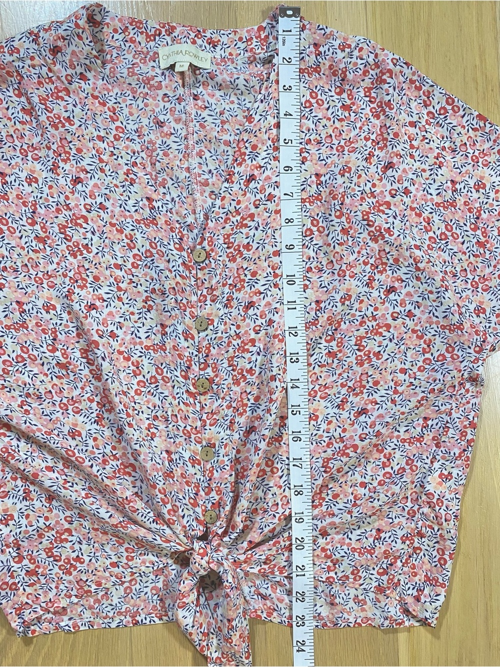 Cynthia Rowley Floral Tie Front Blouse Short Sleeve Top Medium Cottagecore - Picture 10 of 13